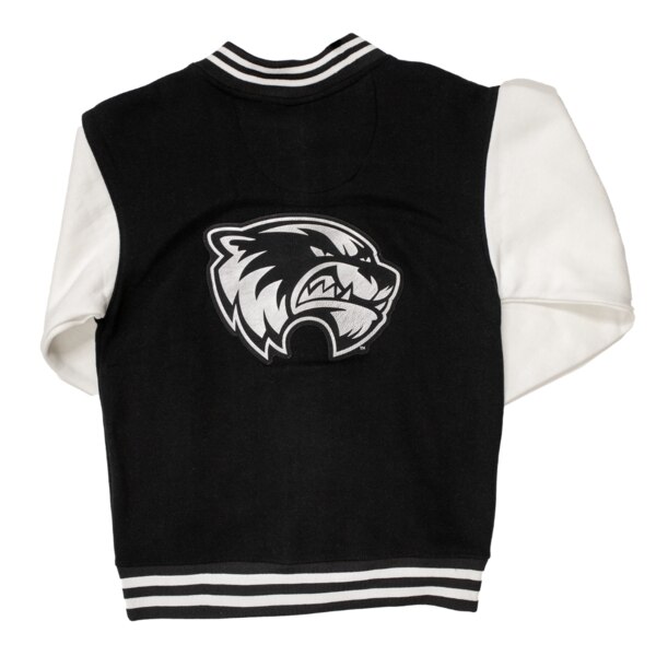 Back of black and white varsity jacket, large Wolverine head logo in black and silver on back